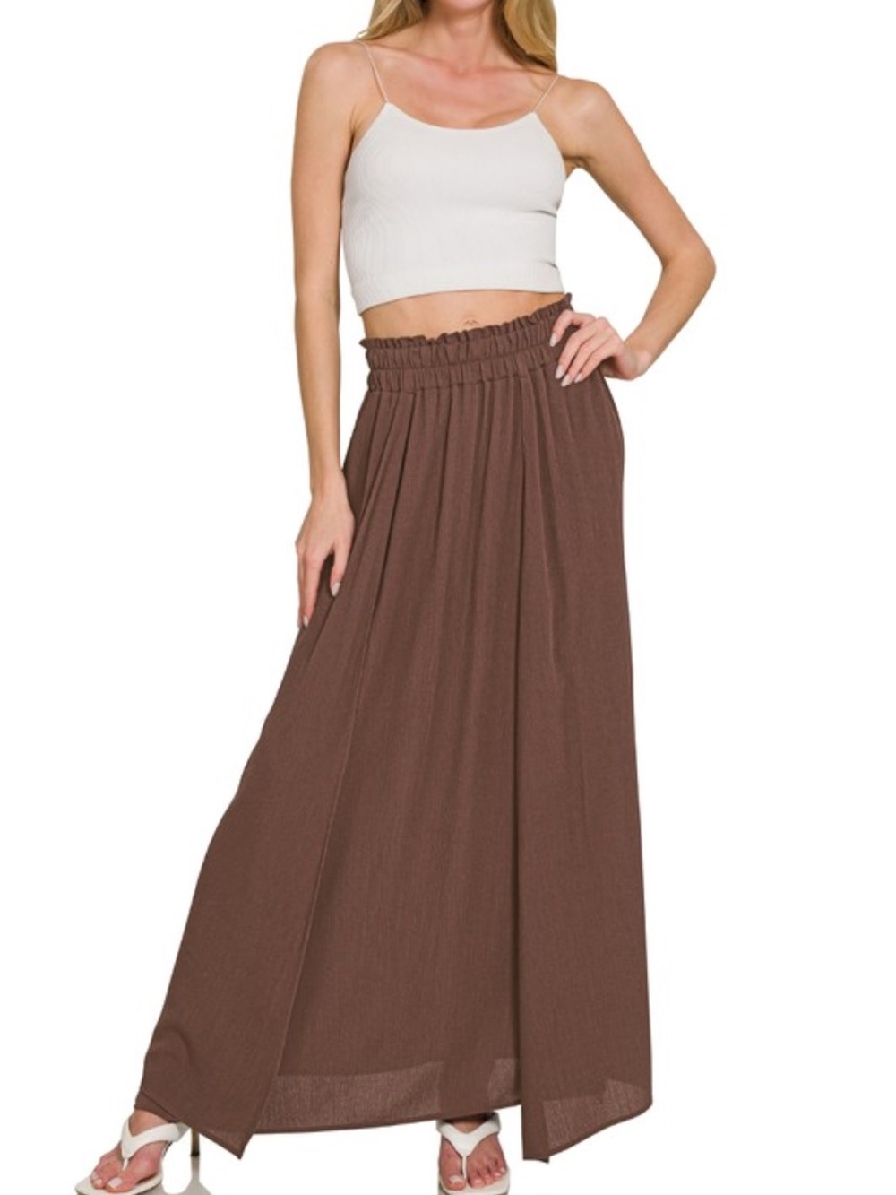 Zenana Woven Crinkle Gauze High Slit Maxi Skirt, Brown - Picture 2 of 5